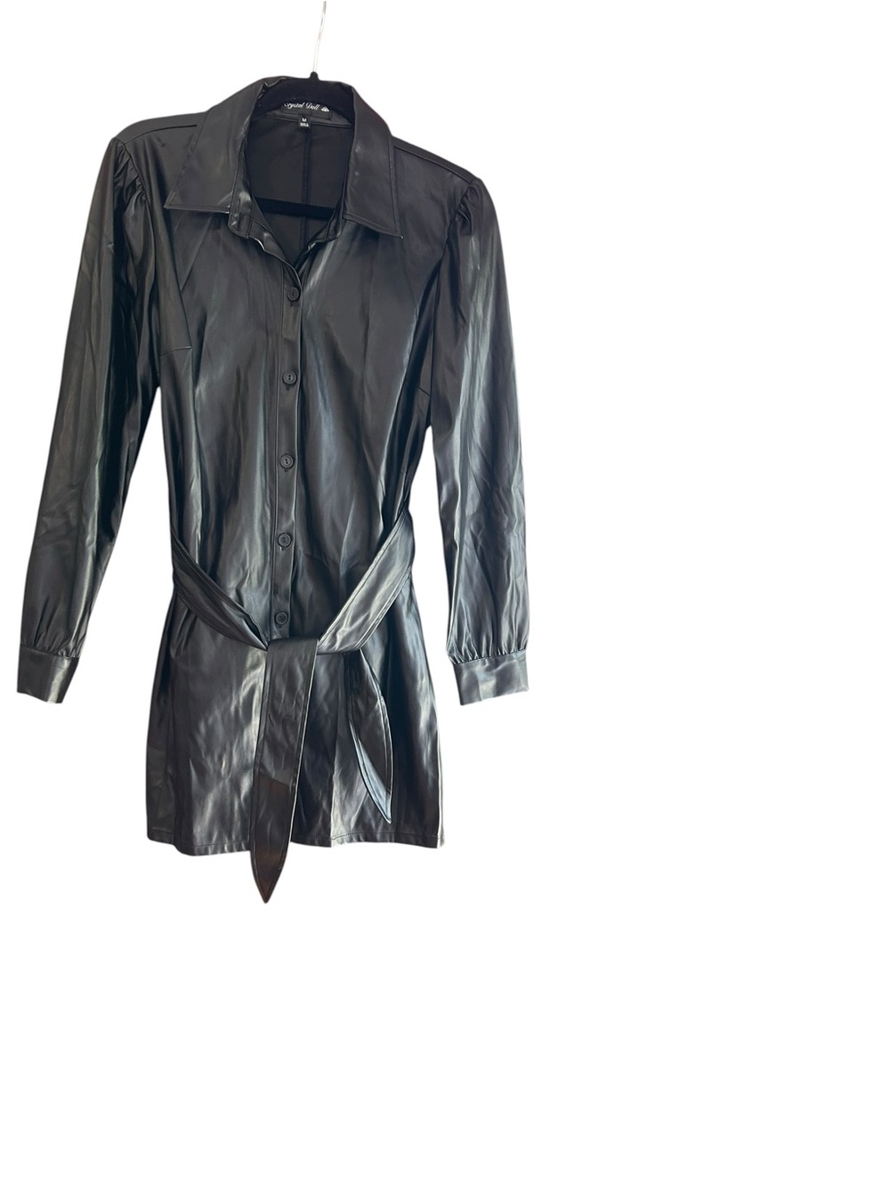 Crystal Doll black faux leather button down shirt dress Size M